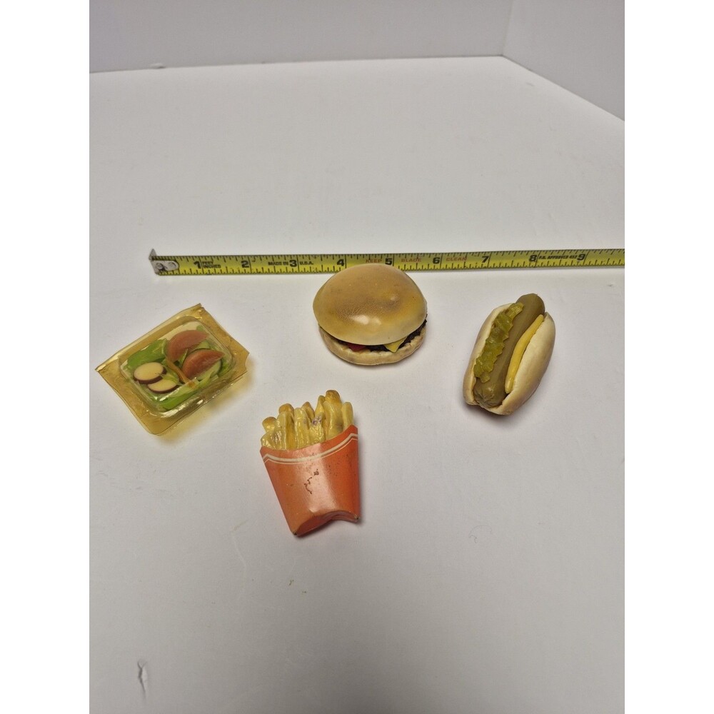 Vintage Rubber Plastic Food Magnets Cheeseburger, French Fries, Hot Dog, Salad